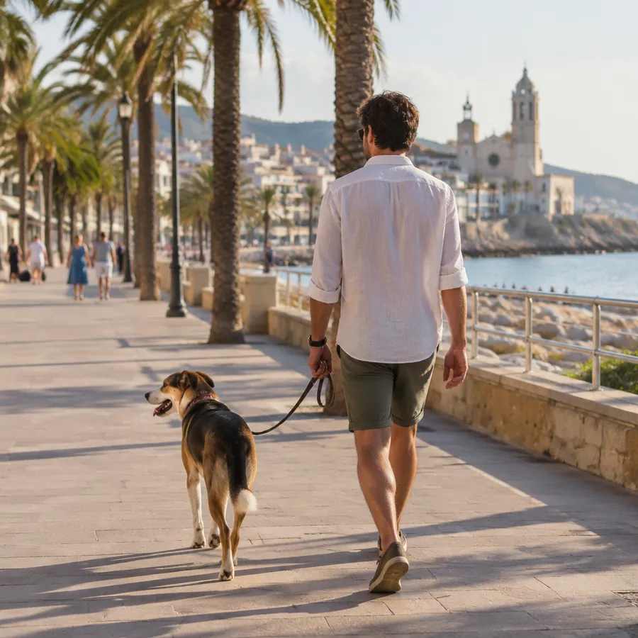 Perro paseando con la correa suelta junto a su dueño en el paseo marítimo de Sitges