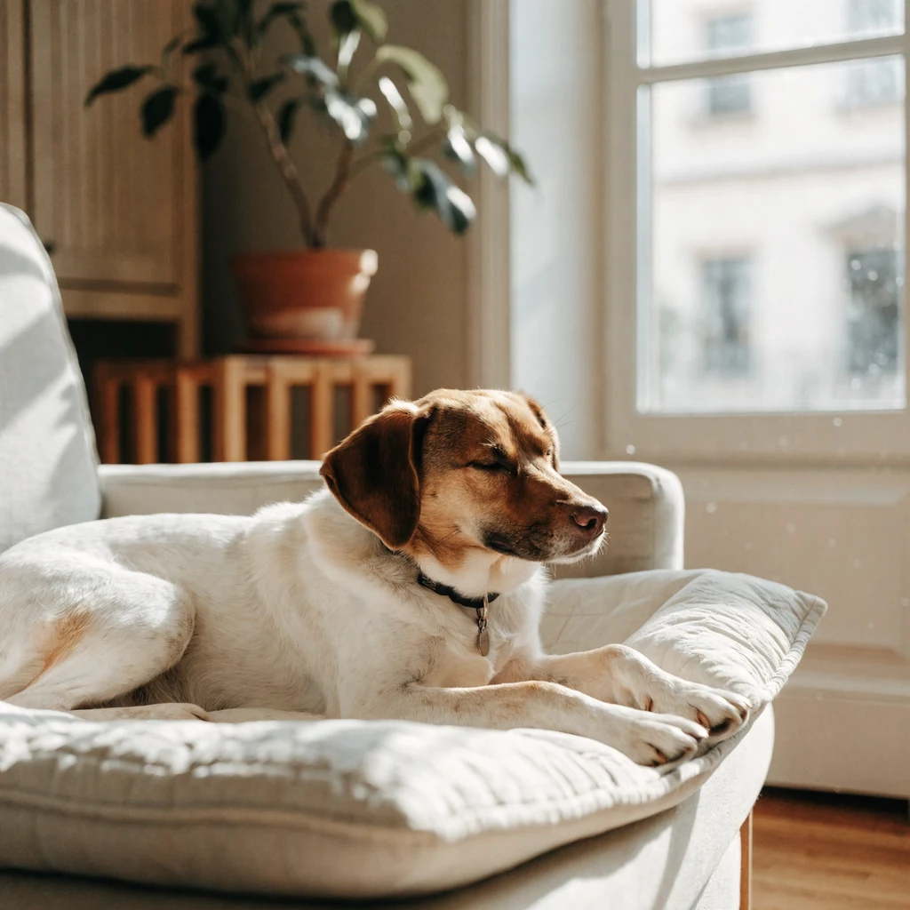 Perro relajado y tranquilo, descansando a gusto solo en casa junto a la ventana, tras trabajar la ansiedad por separación en Sitges y el Garraf