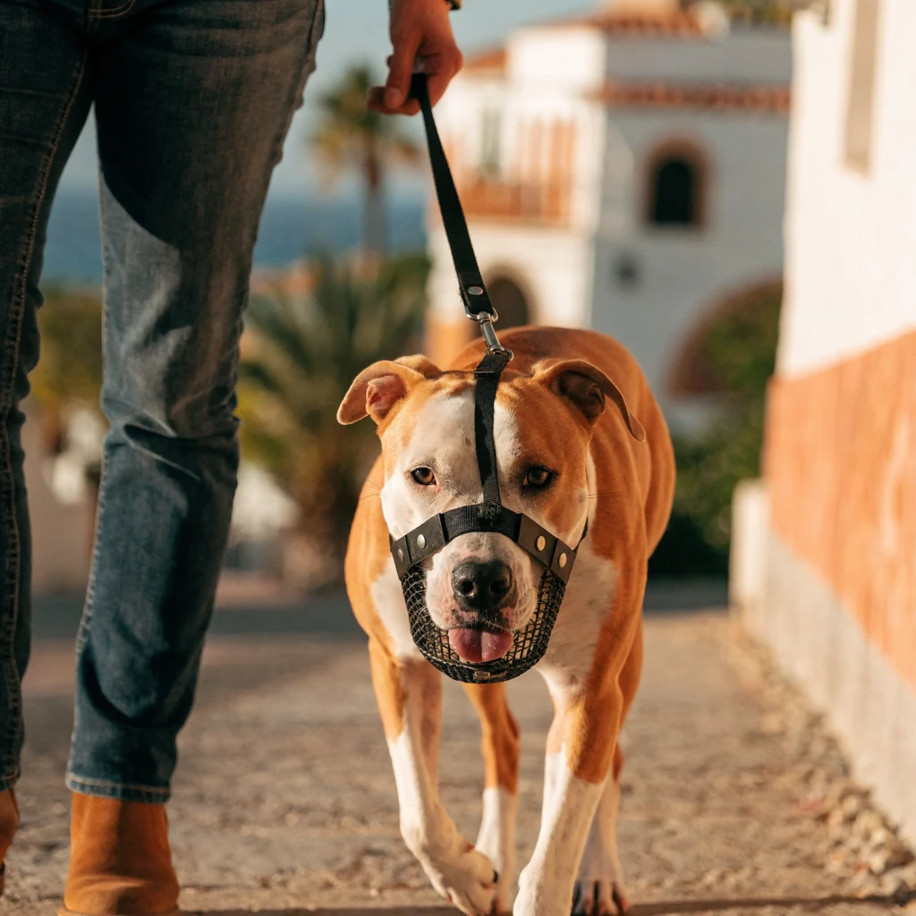 Perro de raza potente (tipo American Staffordshire) paseando tranquilo con bozal y correa corta junto a su dueño en una calle de Sitges — manejo responsable de un PPP a domicilio en el Garraf