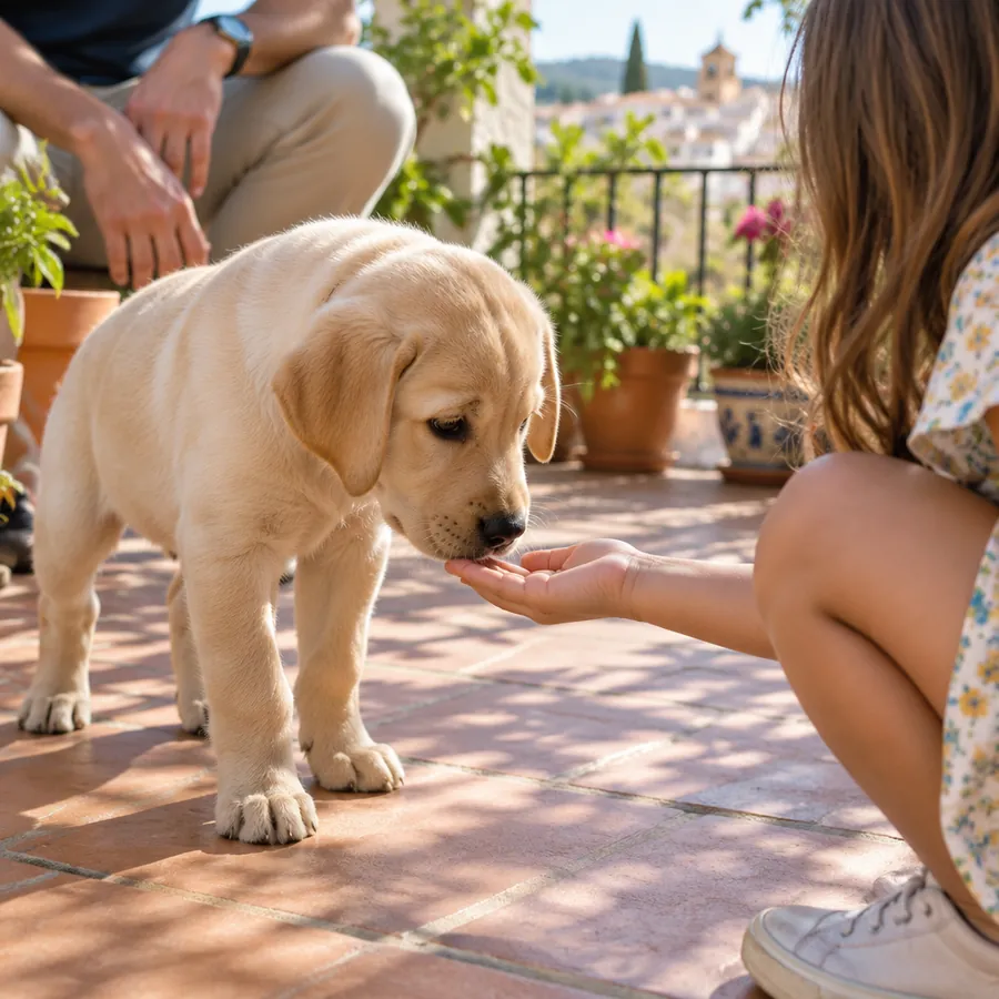 Cachorro olfateando la mano de una niña durante la socialización temprana